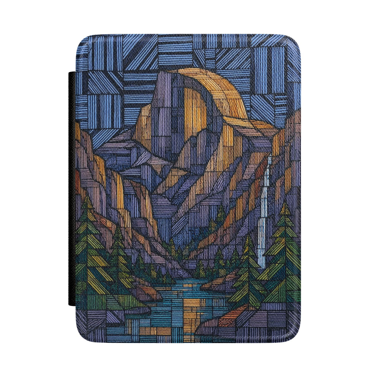 Mountain Mosaic Kindle Case — Geometric Wilderness E-Reader Cover, a 7 inch paperwhite case featuring colorful geometric mountain, evergreen, and river artwork.