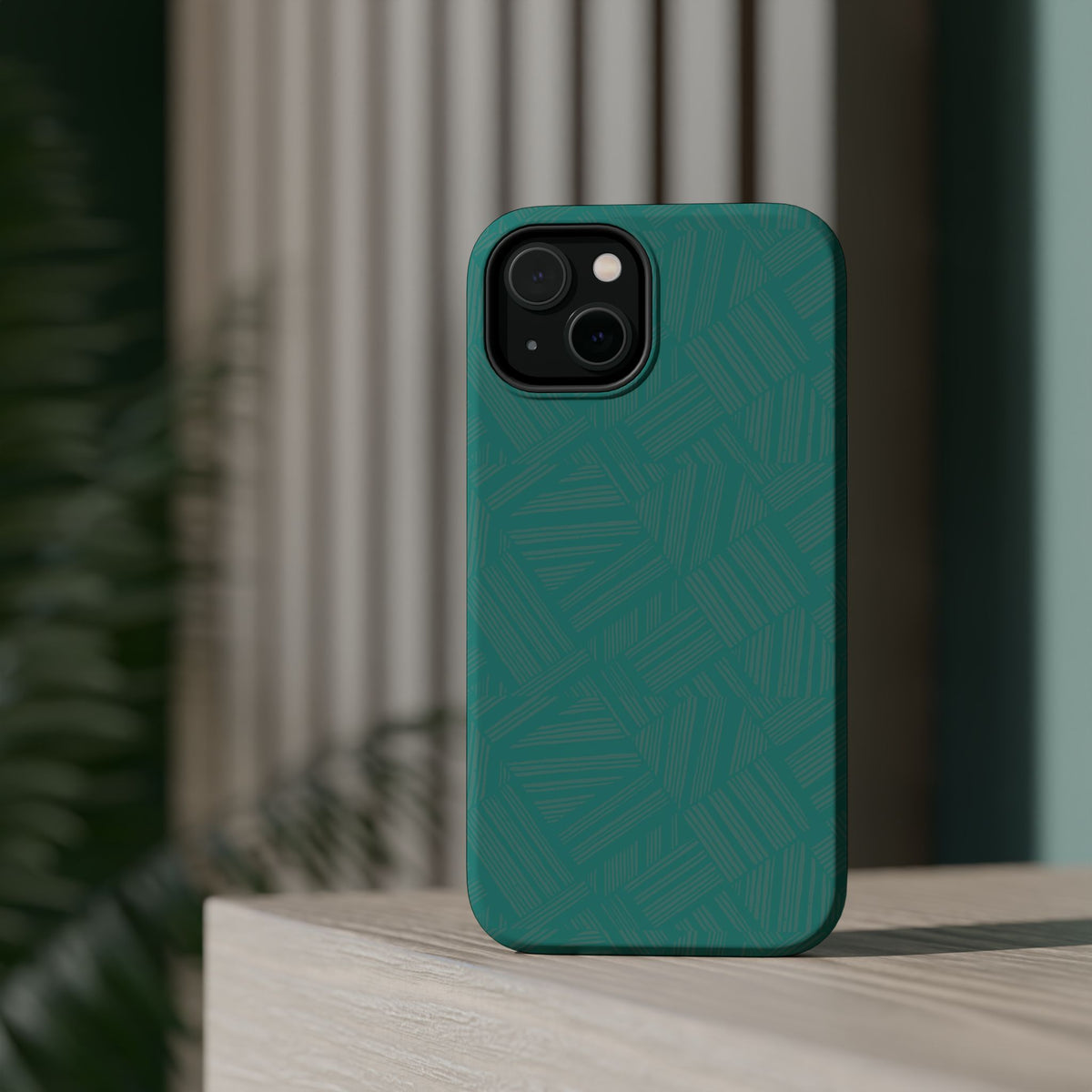 Magnetic Impact-Resistant Phone Case — Teal Geometric Protective Cover, magnetic iphone 18 pro case showing triple-camera fit