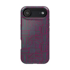 Slim Protective Phone Case With MagSafe, Dual-Layer Impact Protection, Plum Geometric Design, close rear view with camera protection and geometric texture; slim protective iphone 16 promax  case.