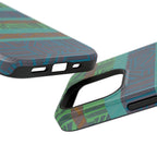 Green Geometric Stripe Phone Case — Impact-Resistant, wireless charging iphone 16 pro max case angled view with continuous geometric stripe artwork.