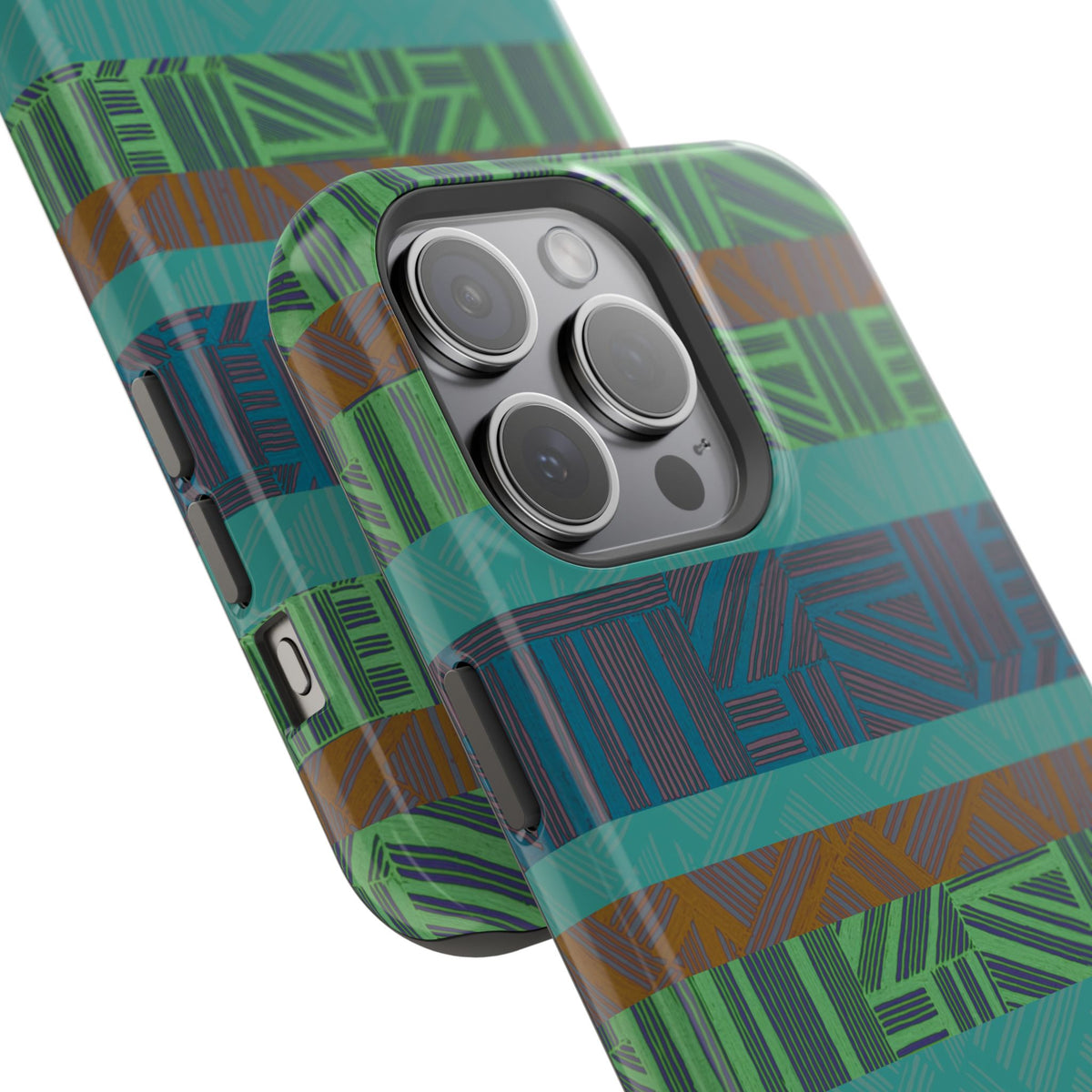 Green Geometric Stripe Phone Case — Impact-Resistant, wireless charging iphone 16 pro max case highlighting its camera cutout and reinforced corners.