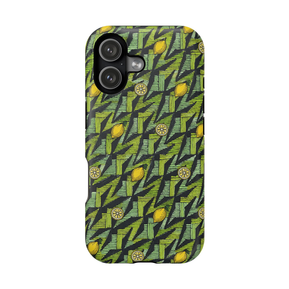 Dual-Layer Impact-Resistant MagSafe iPhone 17 Case, Green Geometric Lemon Pattern featuring a stylish full-wrap lemon design, durable protective construction, and accurate iPhone 17 camera openings.