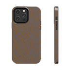 Tough Phone Case — Geometric Maze Brown Protective Cover, wireless charging iphone 18 pro max case in a lifestyle scene with a laptop, earbuds, and notebook.
