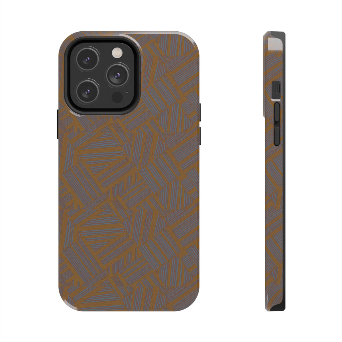 Tough Phone Case — Geometric Maze Brown Protective Cover, wireless charging iphone 18 pro max case in a lifestyle scene with a laptop, earbuds, and notebook.