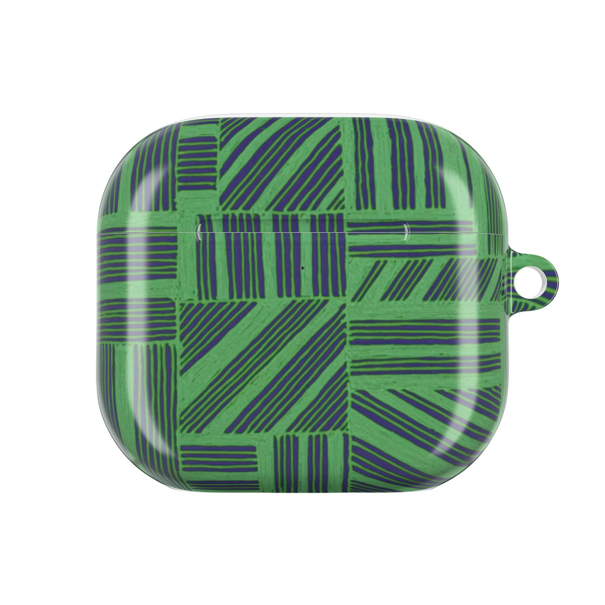 Green Geometric Plaid AirPod Case, front view of a glossy protective shell with bold green and black pattern, designed as an Apple airpods pro 3 case with carabiner.