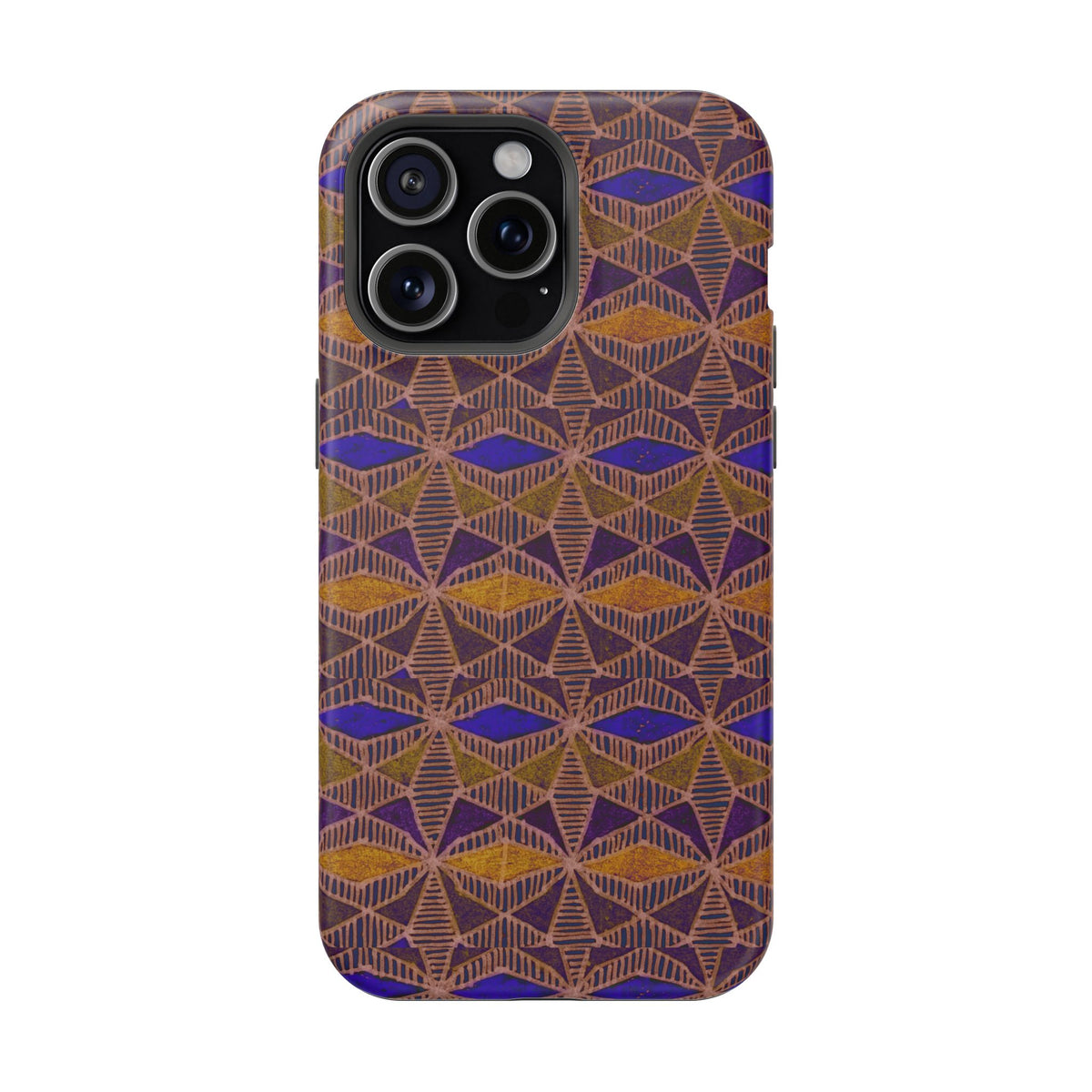 Phone Case — Geometric Tribal Pattern Magnetic Impact-Resistant Case, Fractyl impact resistant iphone 16 pro case shown in a close rear view with detailed pattern texture.