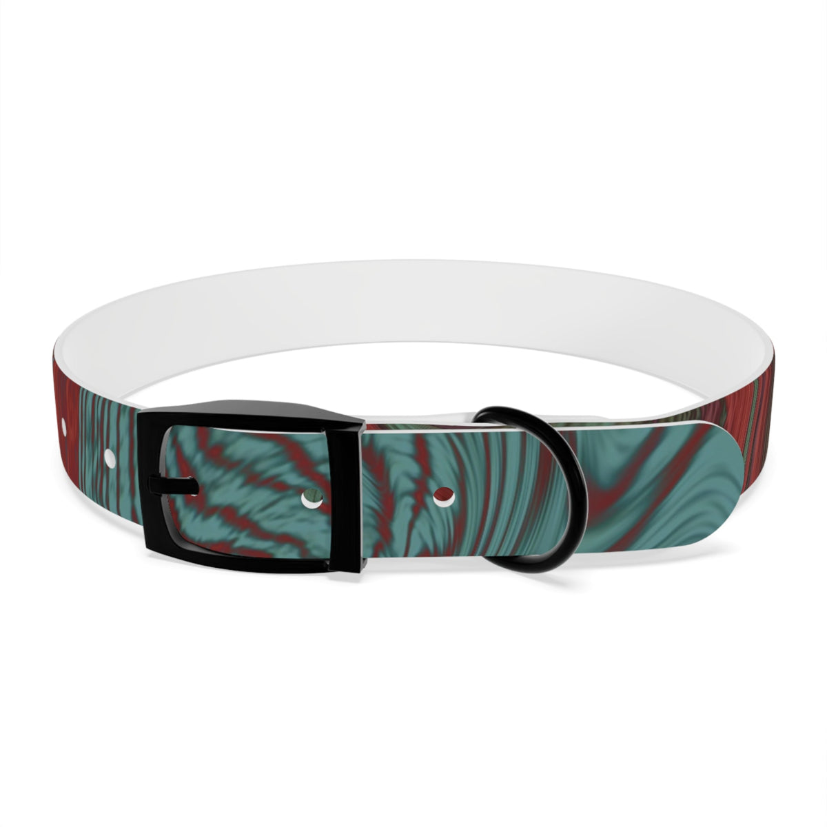 Close-up of the sleek black buckle on the Marbled Swirl Dog Collar — Red & Teal Abstract Pet Collar, an attractive hypoallergenic dog collar.