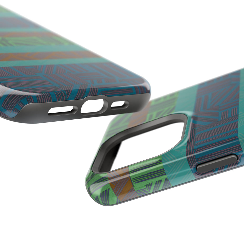 Green Geometric Stripe Phone Case — Impact-Resistant, wireless charging iphone 16 pro max case with colorful geometric stripes wrapped across the edges.