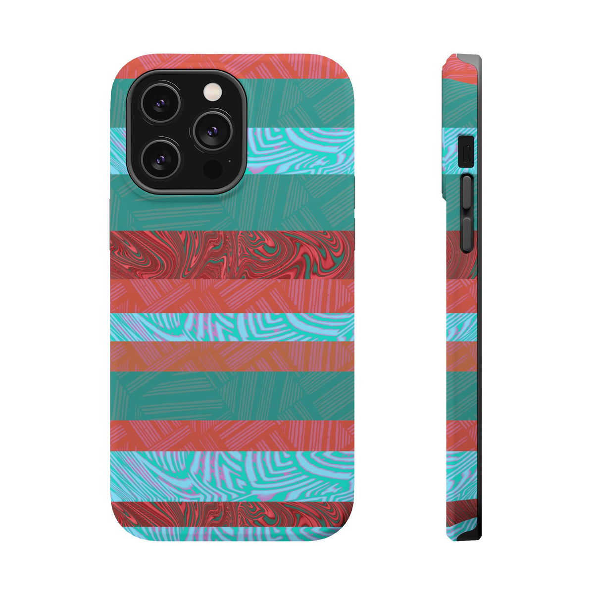 Striped Teal & Coral Magnetic Impact Phone Case rear view for dual-camera phone, Fractyl magsafe compatible iphone 18 pro max case