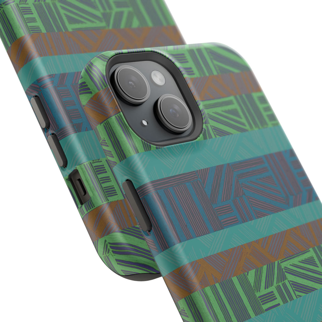 Green Geometric Stripe Phone Case — Impact-Resistant, wireless charging iphone 16 pro max case product render with full-wrap geometric artwork.