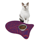 A curious cat near a Pet Feeding Mat with a dynamic wood grain pattern in purple and red. This memory foam dog mat is perfect for feeding time, offering a comfortable space suitable as both a dog placemat and cat placemat. With its non-slip surface, it's a modern pet mat that provides both style and functionality.