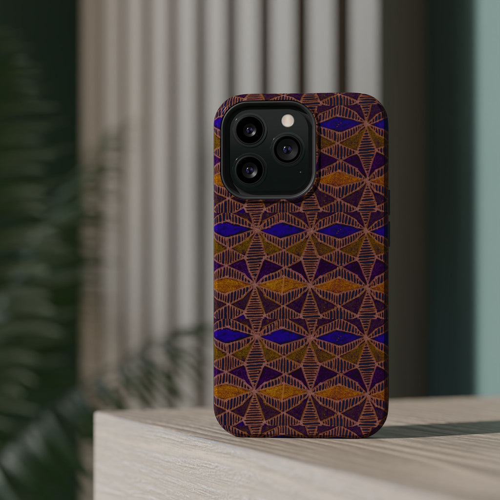 Phone Case — Geometric Tribal Pattern Magnetic Impact-Resistant Case, Fractyl impact resistant iphone 16 pro case exploded to highlight the printed shell, protective liner, and phone.