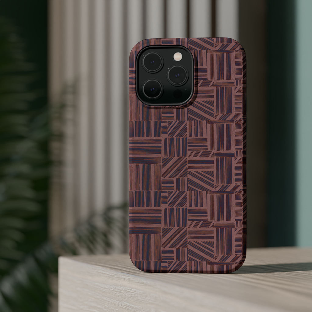 MagSafe Impact Resistant Phone Case - Geometric Brown Pattern, Dual-Layer Protection, modern phone case lifestyle image; impact resistant iphone 17 pro max case