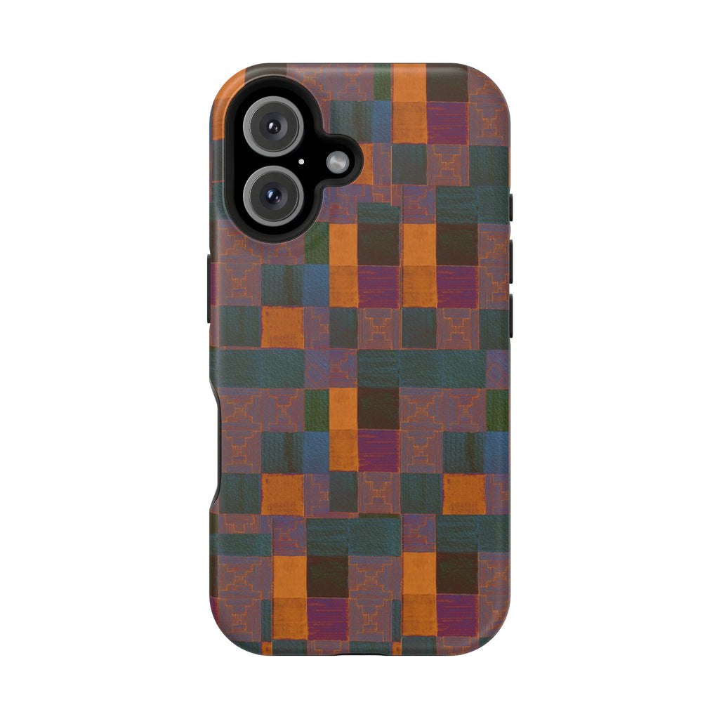 Impact-Resistant Phone Case — Retro Checkerboard Pattern, Fractyl wireless charging iphone 18 pro case with an eye-catching handmade patchwork-inspired smartphone design.