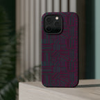 Slim Protective Phone Case With MagSafe, Dual-Layer Impact Protection, Plum Geometric Design, artistic lifestyle render of a protected phone against a dark teal background; slim protective iphone 16 promax  case.