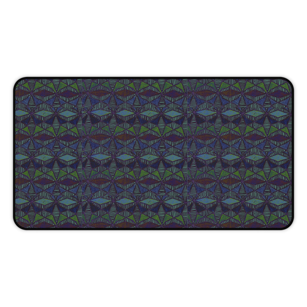 Striped Geometric Desk Mat — Dark Green & Navy Patterned Workspace Pad