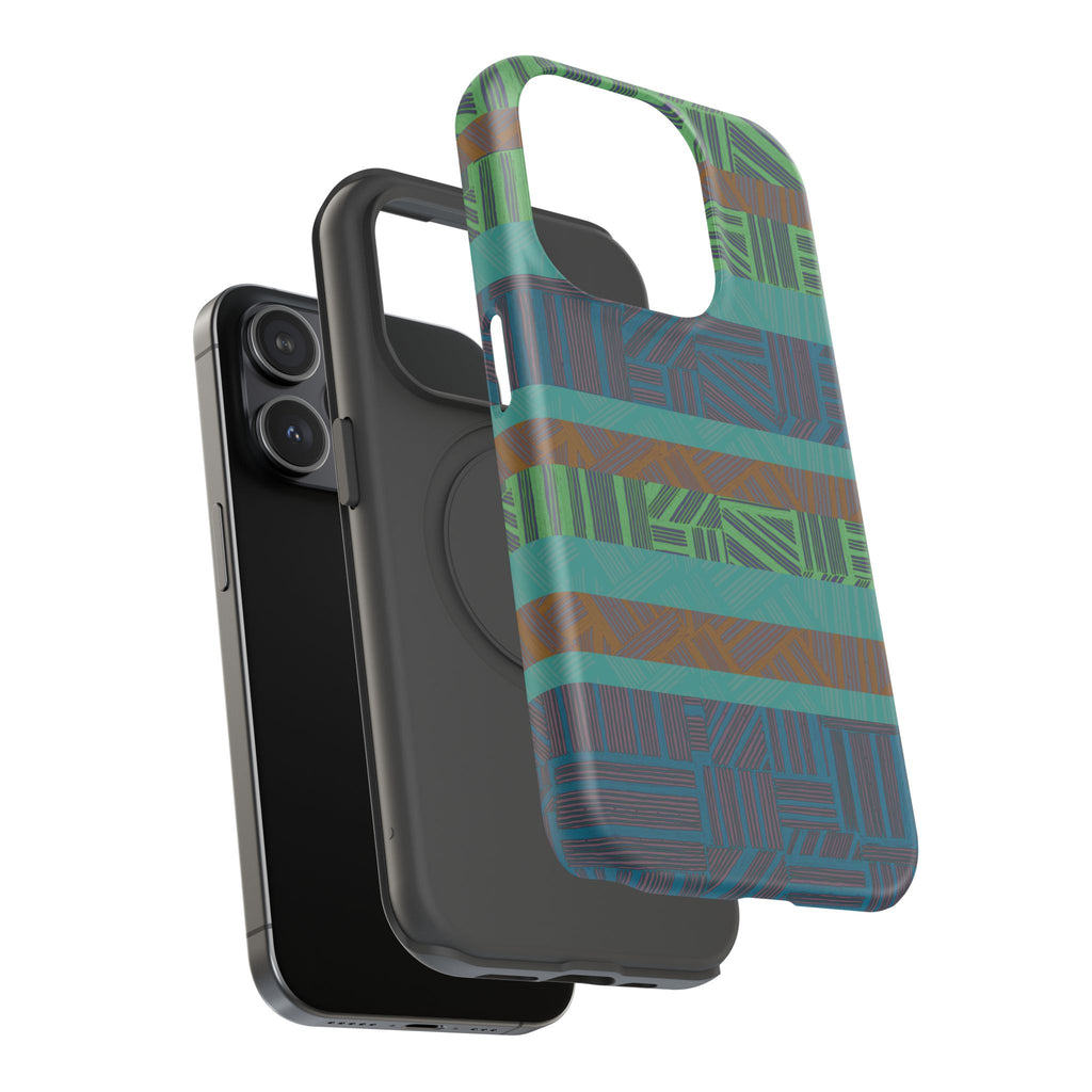 Green Geometric Stripe Phone Case — Impact-Resistant, wireless charging iphone 16 pro max case displayed in a cool-toned product showcase.