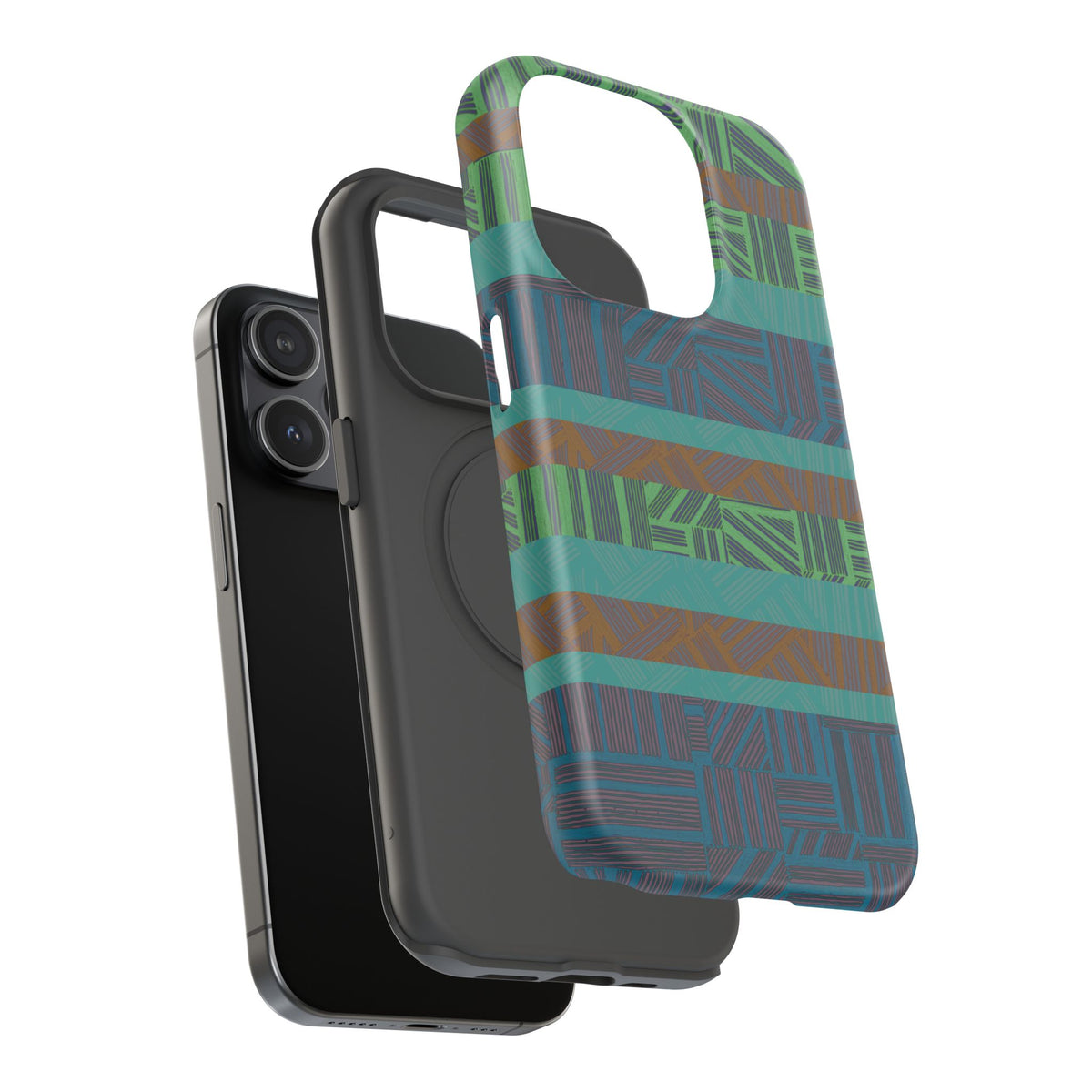 Green Geometric Stripe Phone Case — Impact-Resistant, wireless charging iphone 16 pro max case displayed in a cool-toned product showcase.