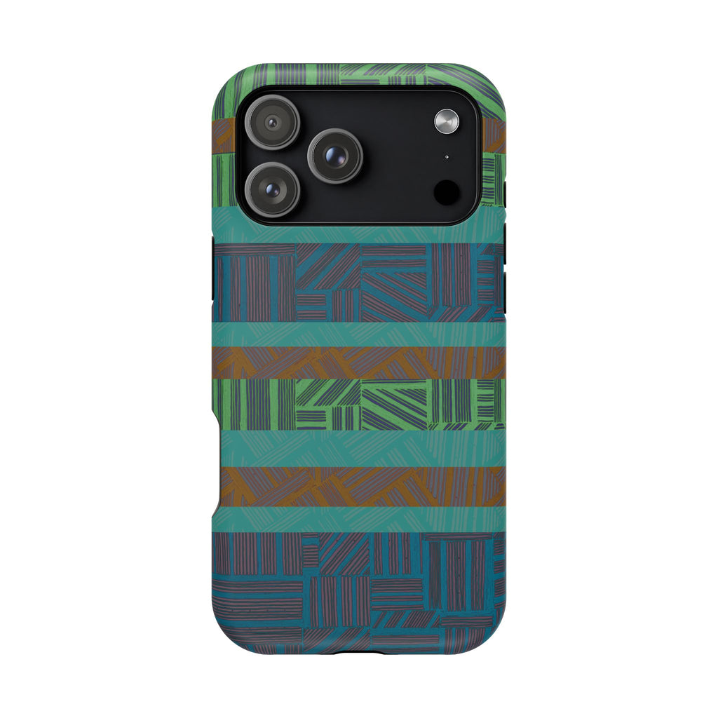 Green Geometric Stripe Phone Case — Impact-Resistant, wireless charging iphone 16 pro max case floating in a modern abstract lifestyle scene.