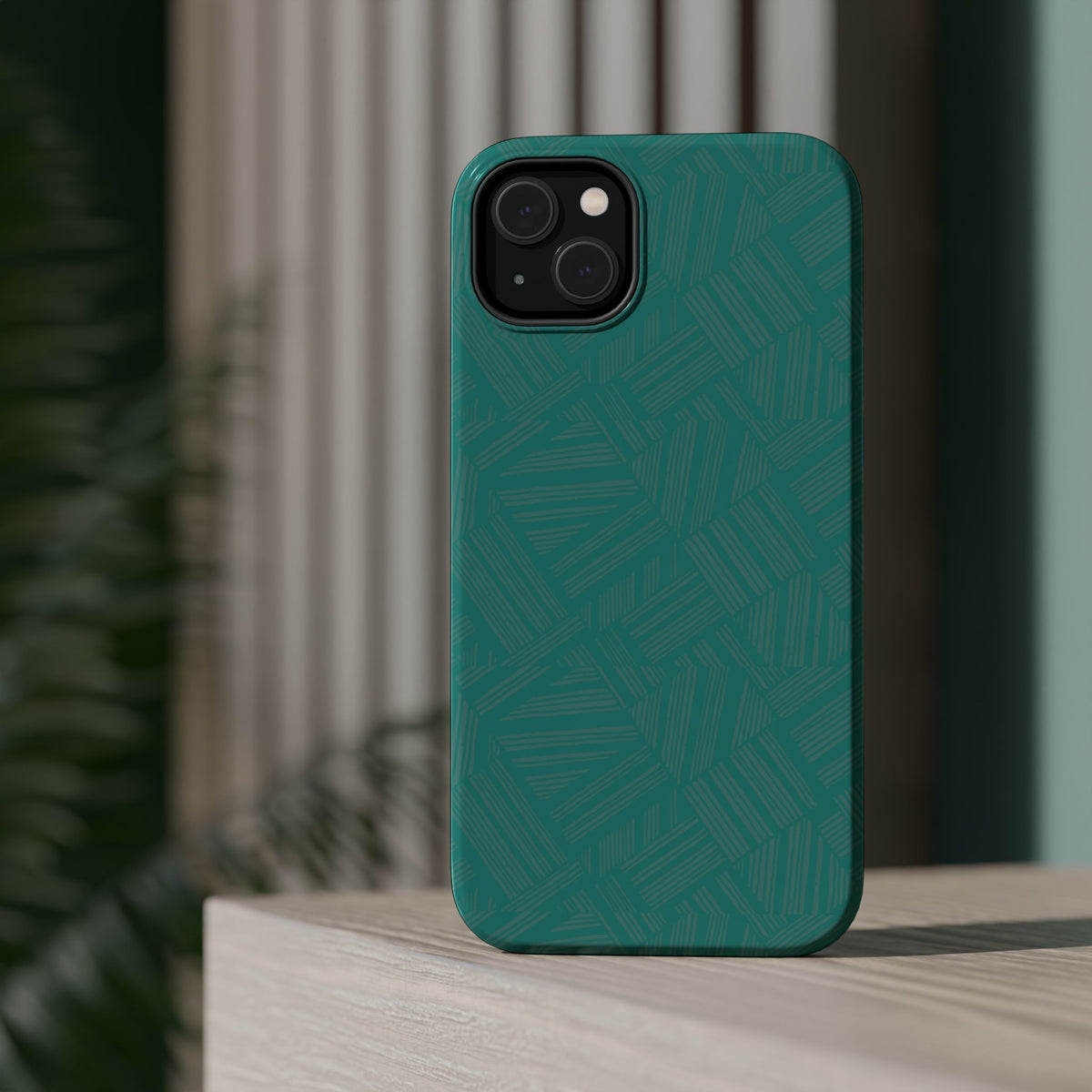 Magnetic Impact-Resistant Phone Case — Teal Geometric Protective Cover, magnetic iphone 18 pro case angled rear lifestyle view