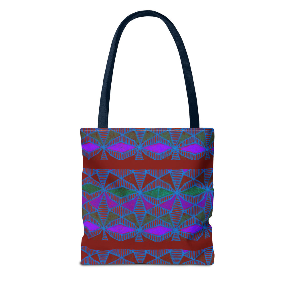 Geometric Heart Pattern Tote Bag — Vintage Tribal All-Over Print, geometric canvas tote bag with navy handles and colorful vintage pattern