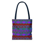 Geometric Heart Pattern Tote Bag — Vintage Tribal All-Over Print, geometric canvas tote bag with navy handles and colorful vintage pattern