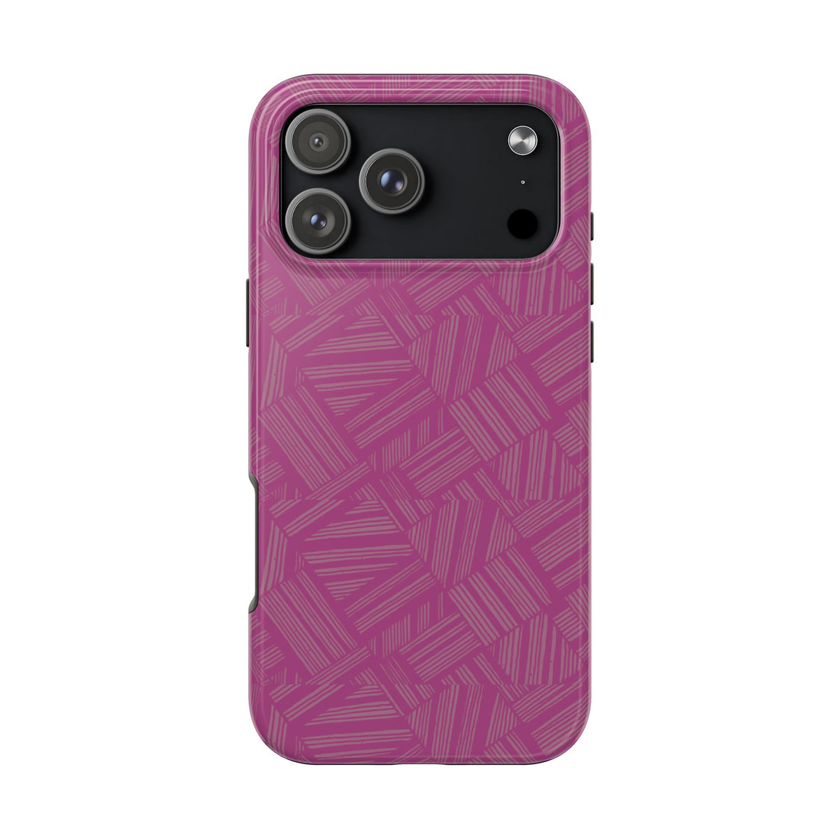 Magenta Geo Pattern Tough Phone Case — Protective Floral-Style Abstract Design, wireless charging iphone 18 pro case with single-camera opening.