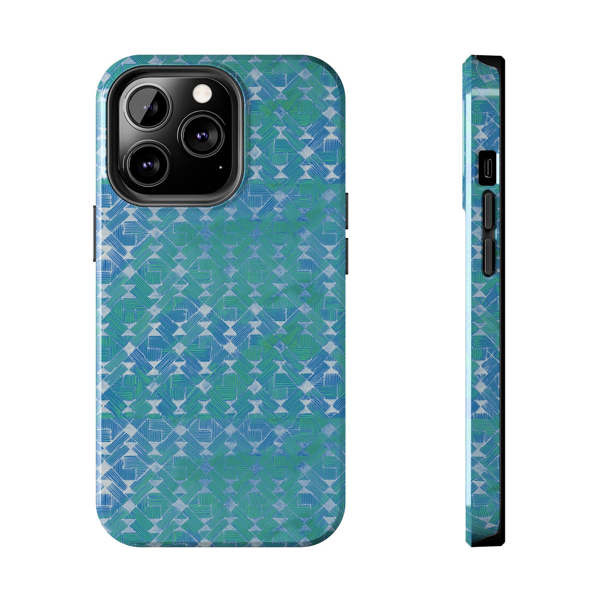 Tough Phone Case — Blue-Green Geometric Watercolor Pattern, shockproof iphone 17 pro case raised camera bezel