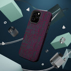 Slim Protective Phone Case With MagSafe, Dual-Layer Impact Protection, Plum Geometric Design, close-up of glossy geometric case texture and protected camera area; slim protective iphone 16 promax  case.