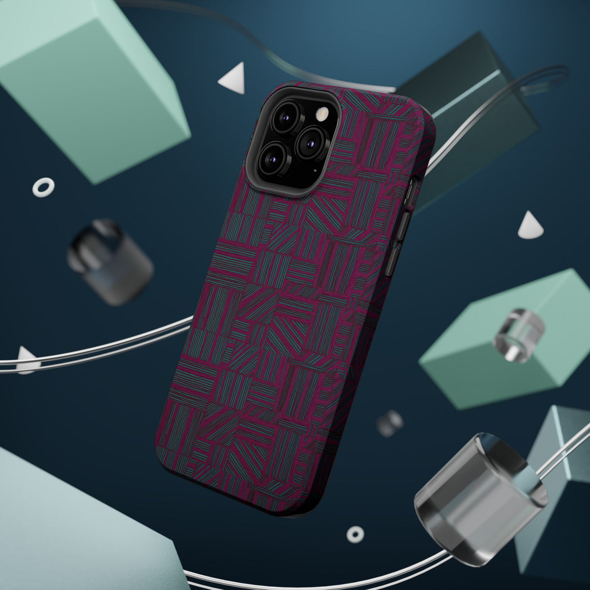 Slim Protective Phone Case With MagSafe, Dual-Layer Impact Protection, Plum Geometric Design, close-up of glossy geometric case texture and protected camera area; slim protective iphone 16 promax  case.