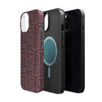 MagSafe Impact Resistant Phone Case - Geometric Brown Pattern, Dual-Layer Protection, phone case displayed on a shelf; impact resistant iphone 17 pro max case