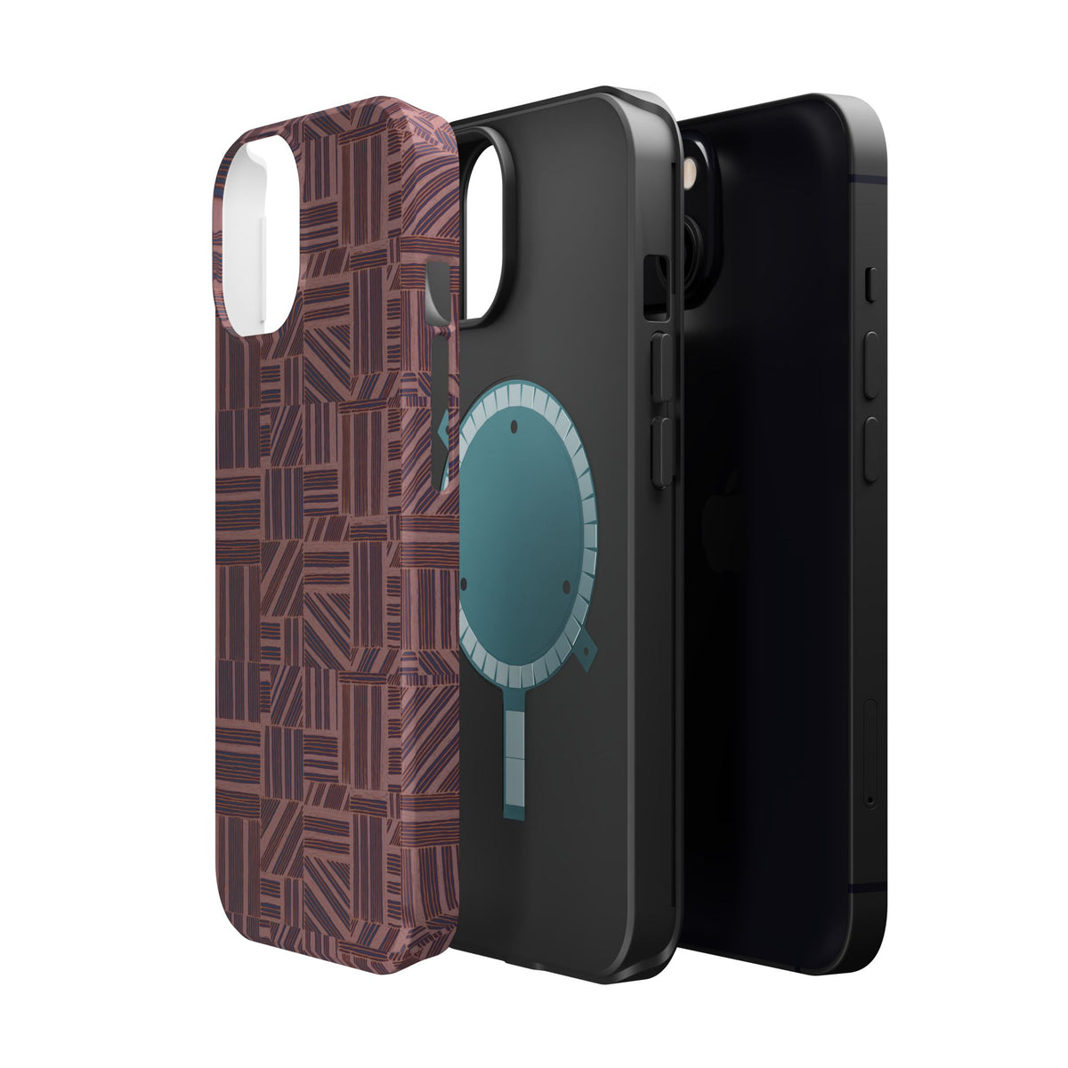 MagSafe Impact Resistant Phone Case - Geometric Brown Pattern, Dual-Layer Protection, phone case displayed on a shelf; impact resistant iphone 17 pro max case
