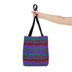 Geometric Heart Pattern Tote Bag — Vintage Tribal All-Over Print, hand-held geometric canvas tote bag with black handles and vibrant tribal print