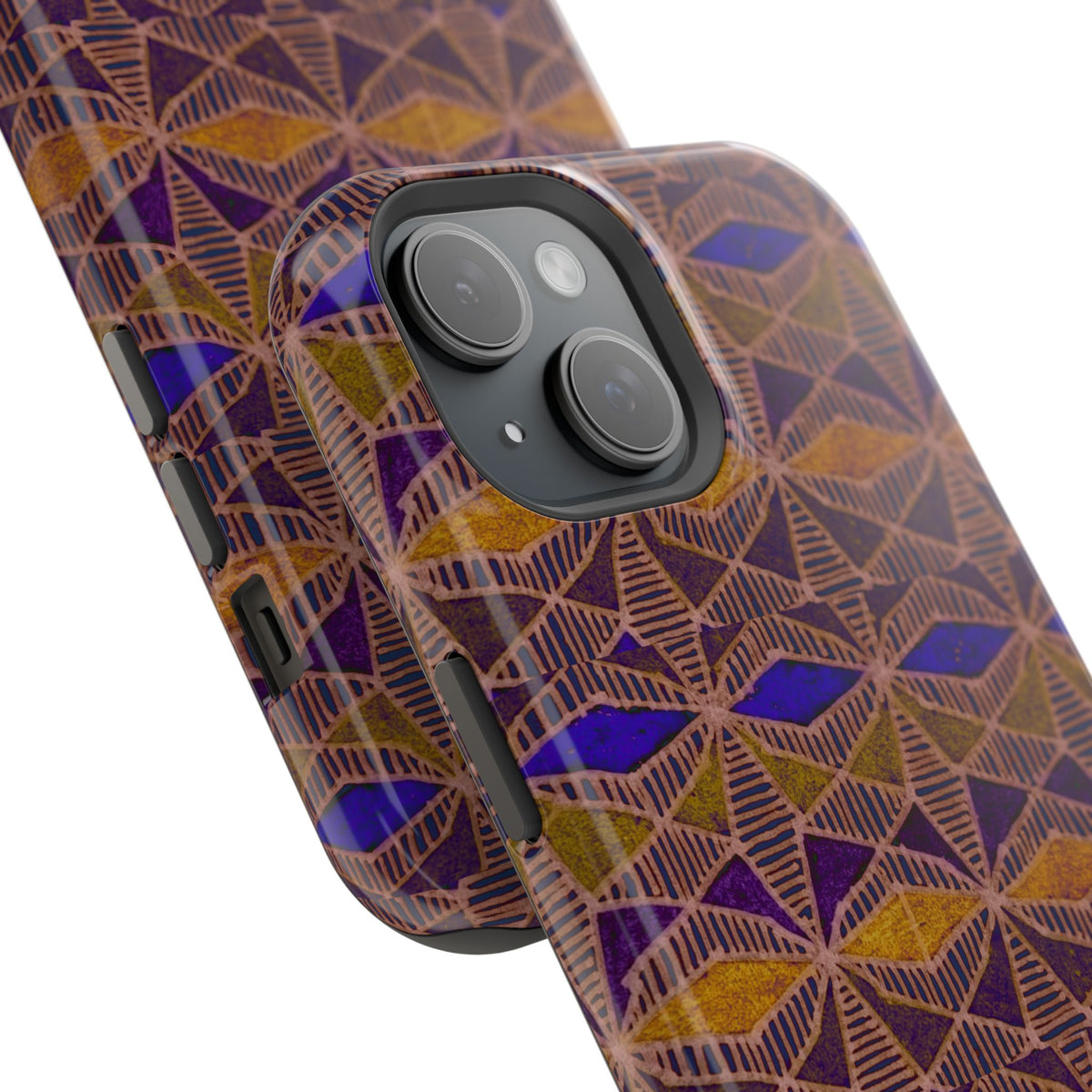 Phone Case — Geometric Tribal Pattern Magnetic Impact-Resistant Case, Fractyl impact resistant iphone 16 pro case displayed upright on a wooden surface with a colorful tribal pattern.