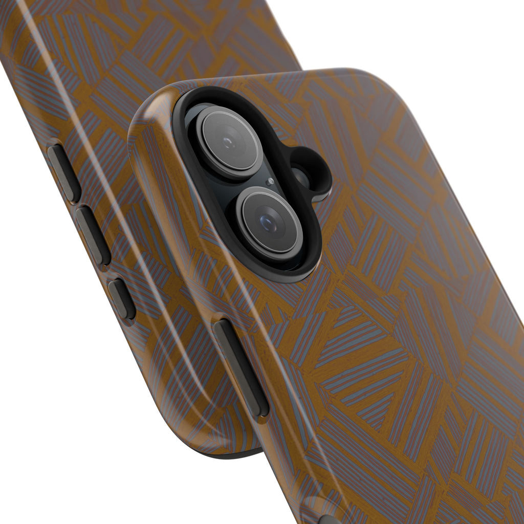 Tough Phone Case — Geometric Maze Brown Protective Cover, wireless charging iphone 18 pro max case with dual-camera cutout and flexible protective edges.