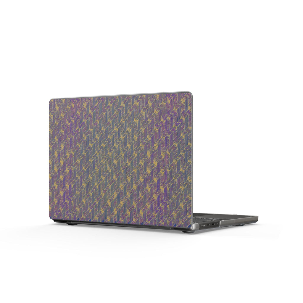 Iridescent Houndstooth Matte MacBook Case — Purple Gold Patterned Laptop Cover illustrated as a slim laptop protective case, crafted for artistic needs. This design is perfect for back to school, offering a boho MacBook flair that fits into everyday carry. A thoughtful gift for students, this laptop cover provides outstanding MacBook protection. The matte texture introduces a pastel element to purple laptops, making it a stylish accessory for work from home.