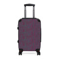 Geometric Plum Carry-On Suitcase – Stylish Patterned Rolling Luggage, front view of an expandable carry on suitcase with deep plum and teal geometric print, telescopic handle, and spinner wheels.