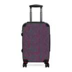 Geometric Plum Carry-On Suitcase – Stylish Patterned Rolling Luggage, front view of an expandable carry on suitcase with deep plum and teal geometric print, telescopic handle, and spinner wheels.
