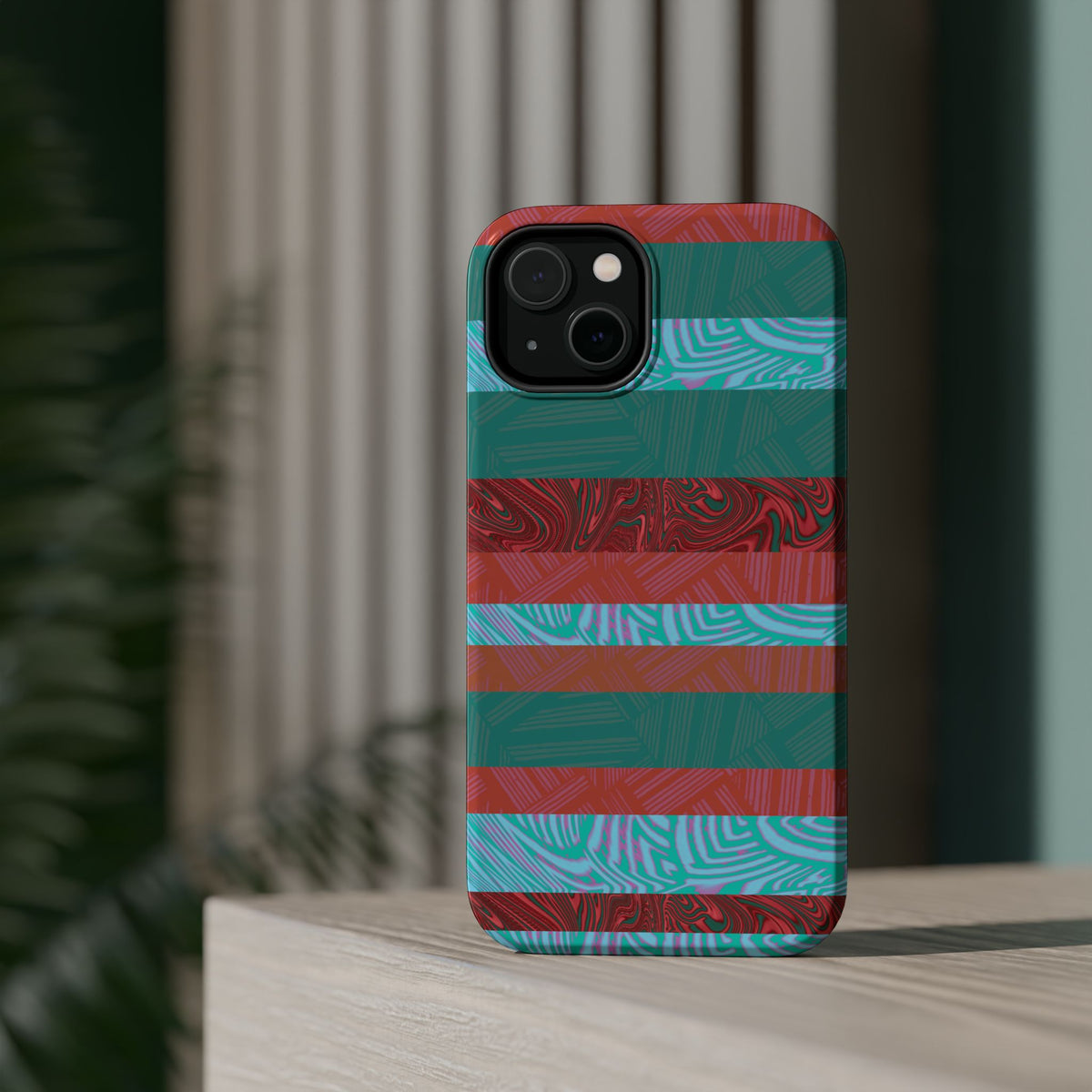 Striped Teal & Coral Magnetic Impact Phone Case edge-to-edge patterned finish, Fractyl magsafe compatible iphone 18 pro max case