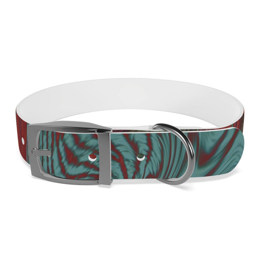 Showcasing the silver buckle on the Marbled Swirl Dog Collar — Red & Teal Abstract Pet Collar, a perfect hypoallergenic dog collar for pets.