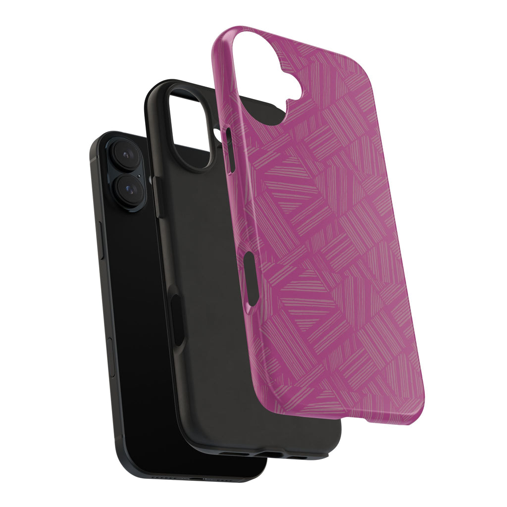 Magenta Geo Pattern Tough Phone Case — Protective Floral-Style Abstract Design, wireless charging iphone 18 pro case with dual-camera opening and protective liner.