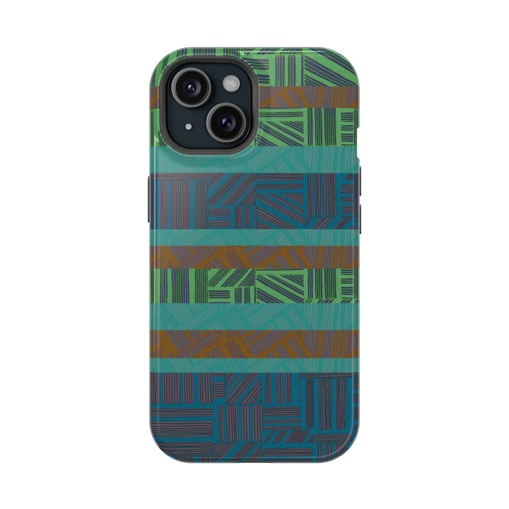 Green Geometric Stripe Phone Case — Impact-Resistant, wireless charging iphone 16 pro max case displayed on a dual-camera phone.