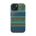 Green Geometric Stripe Phone Case — Impact-Resistant, wireless charging iphone 16 pro max case displayed on a dual-camera phone.