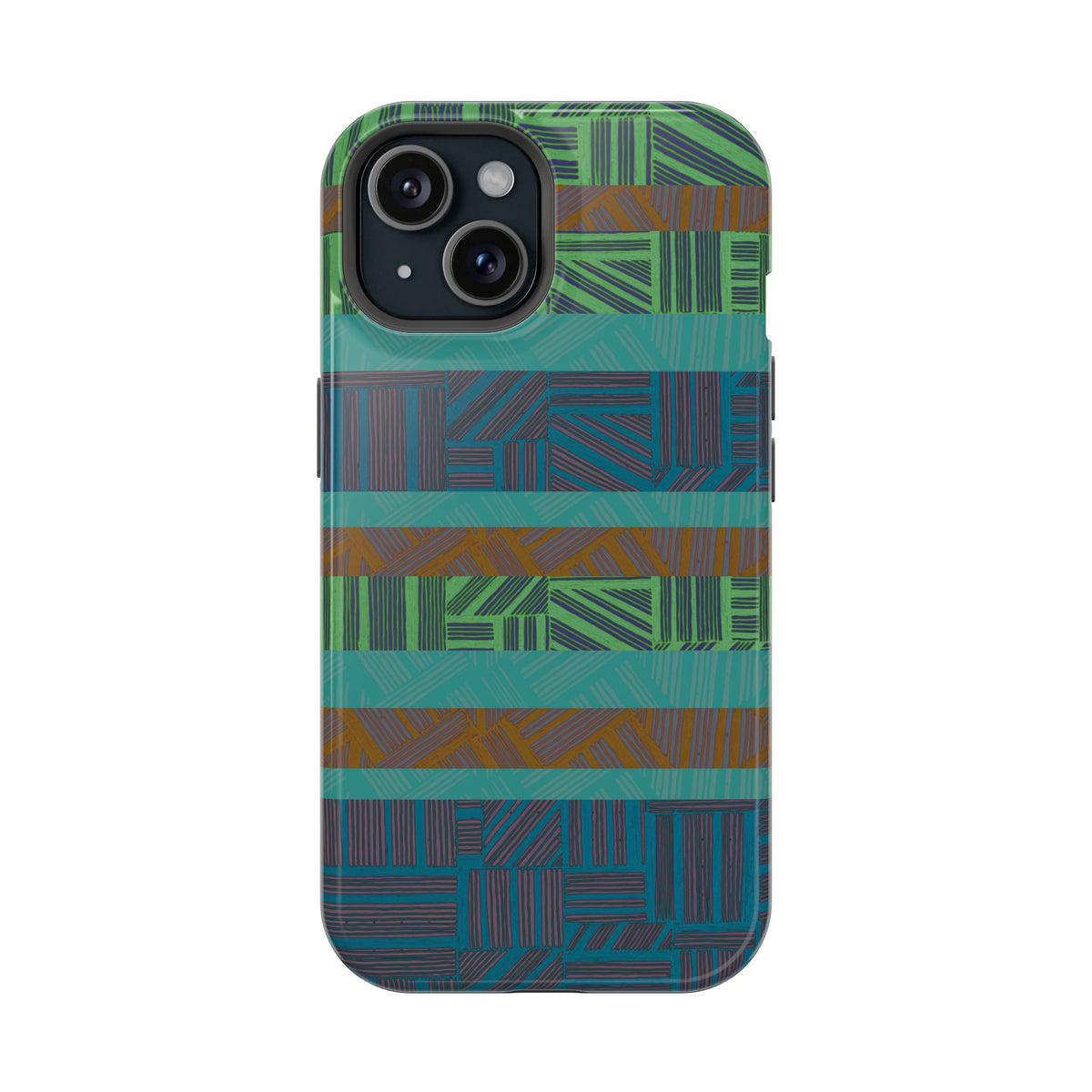 Green Geometric Stripe Phone Case — Impact-Resistant, wireless charging iphone 16 pro max case displayed on a dual-camera phone.