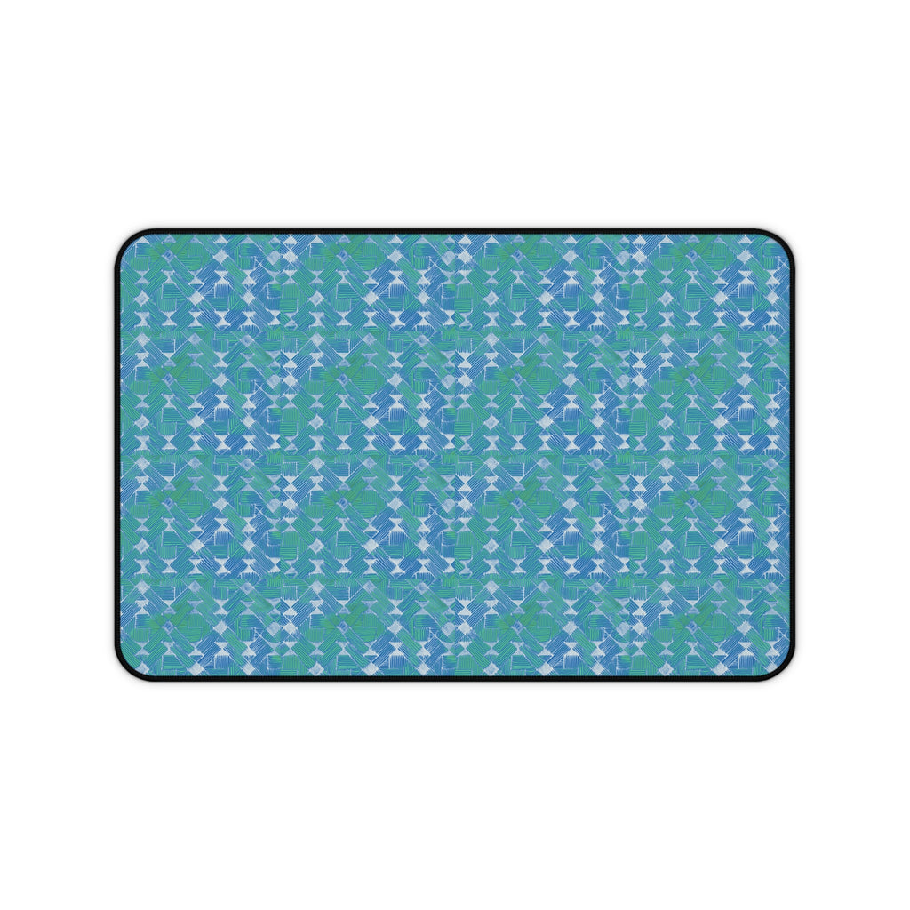 Blue Green Abstract Waves Desk Mat — Patterned Office Mousepad, compact large desk mat with vivid teal and blue geometric wave pattern