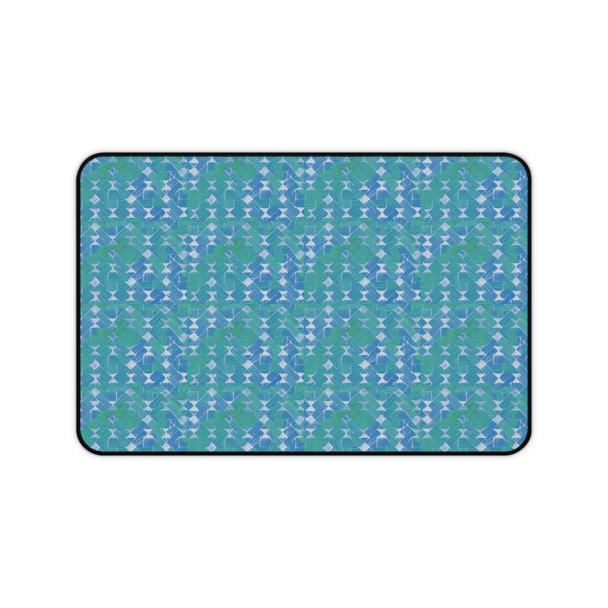 Blue Green Abstract Waves Desk Mat — Patterned Office Mousepad, compact large desk mat with vivid teal and blue geometric wave pattern