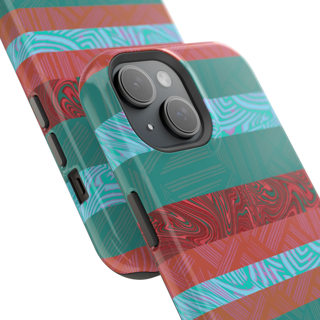 Striped Teal & Coral Magnetic Impact Phone Case inner magnetic ring and protective layers, Fractyl magsafe compatible iphone 18 pro max case