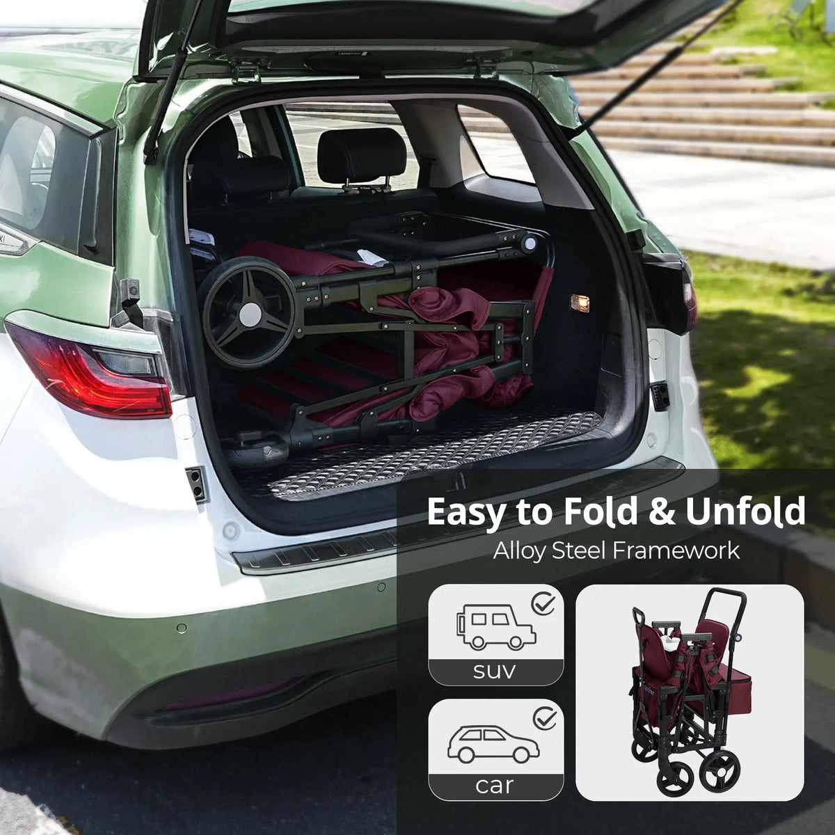 Momfann 2-Seater All-Terrain Stroller Wagon for Kids folded inside an SUV, showing easy momfann 2 seater folding stroller wagon storage, Momfann, Shopify Collective.