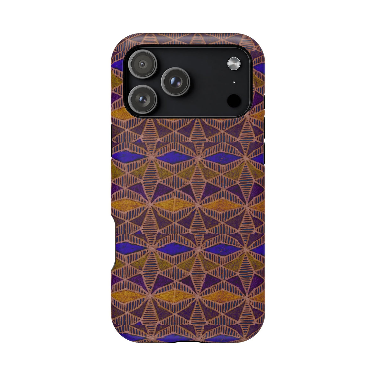 Phone Case — Geometric Tribal Pattern Magnetic Impact-Resistant Case, Fractyl impact resistant iphone 16 pro case with richly colored brown and purple pattern detail.