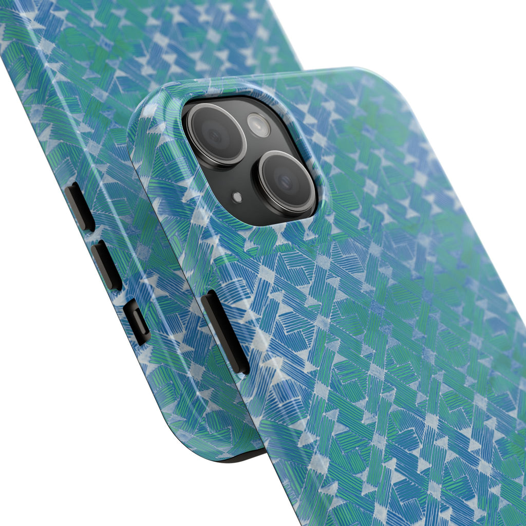 Tough Phone Case — Blue-Green Geometric Watercolor Pattern, shockproof iphone 17 pro case inner TPU liner and shell